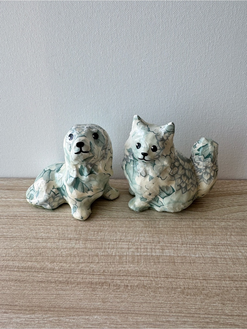 Vintage Style Floral Decoupage Cat & Dog Figurine Set Cottagecore Decor